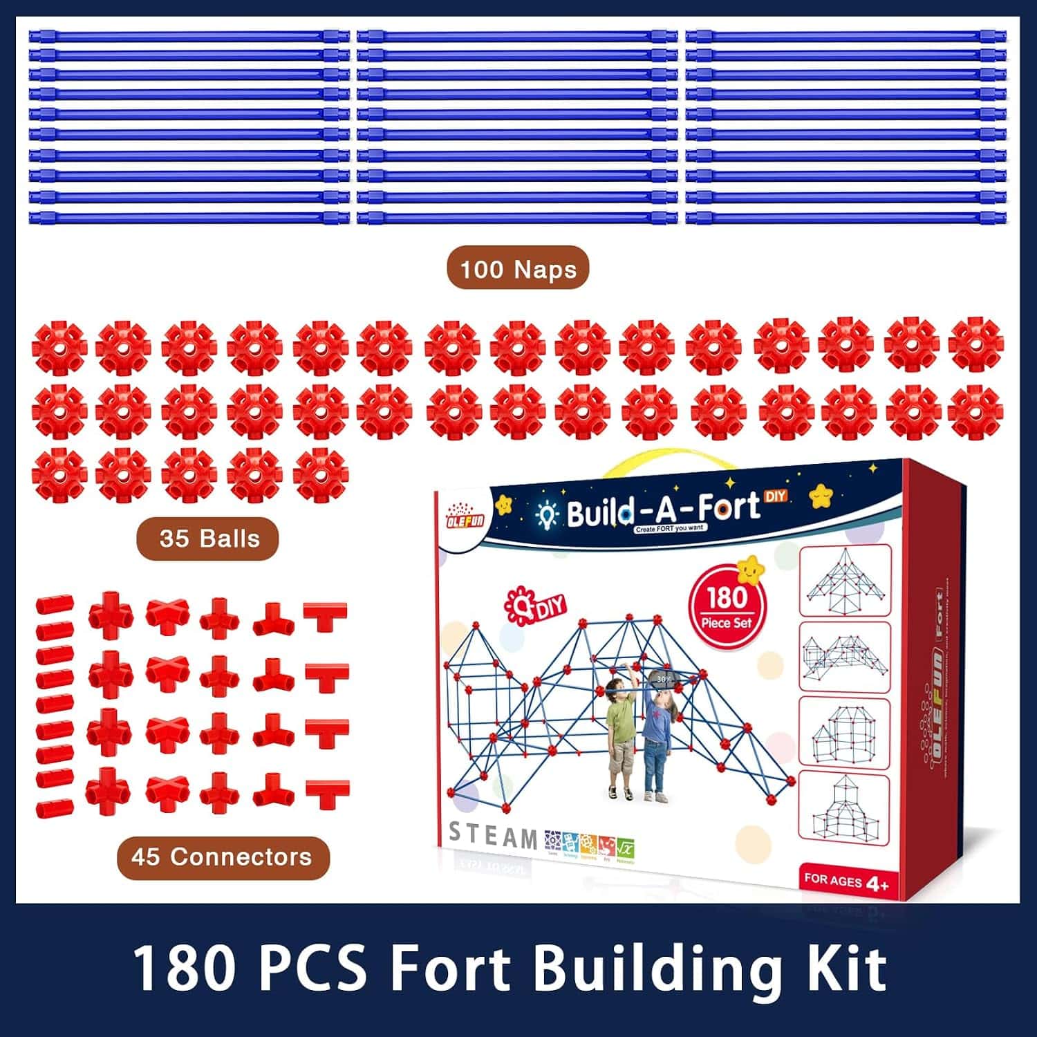 kit de construcción de fuertes de 180 piezas con varillas y conectores para niños