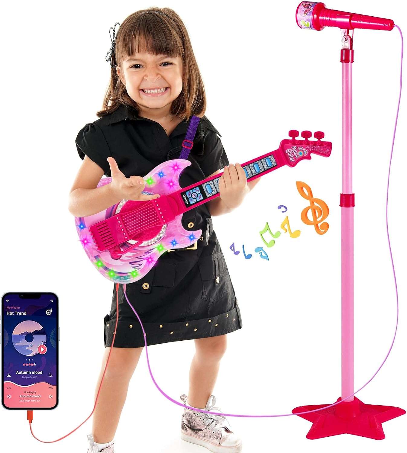 guitarra eléctrica de juguete con micrófono, soporte ajustable y luces para niños