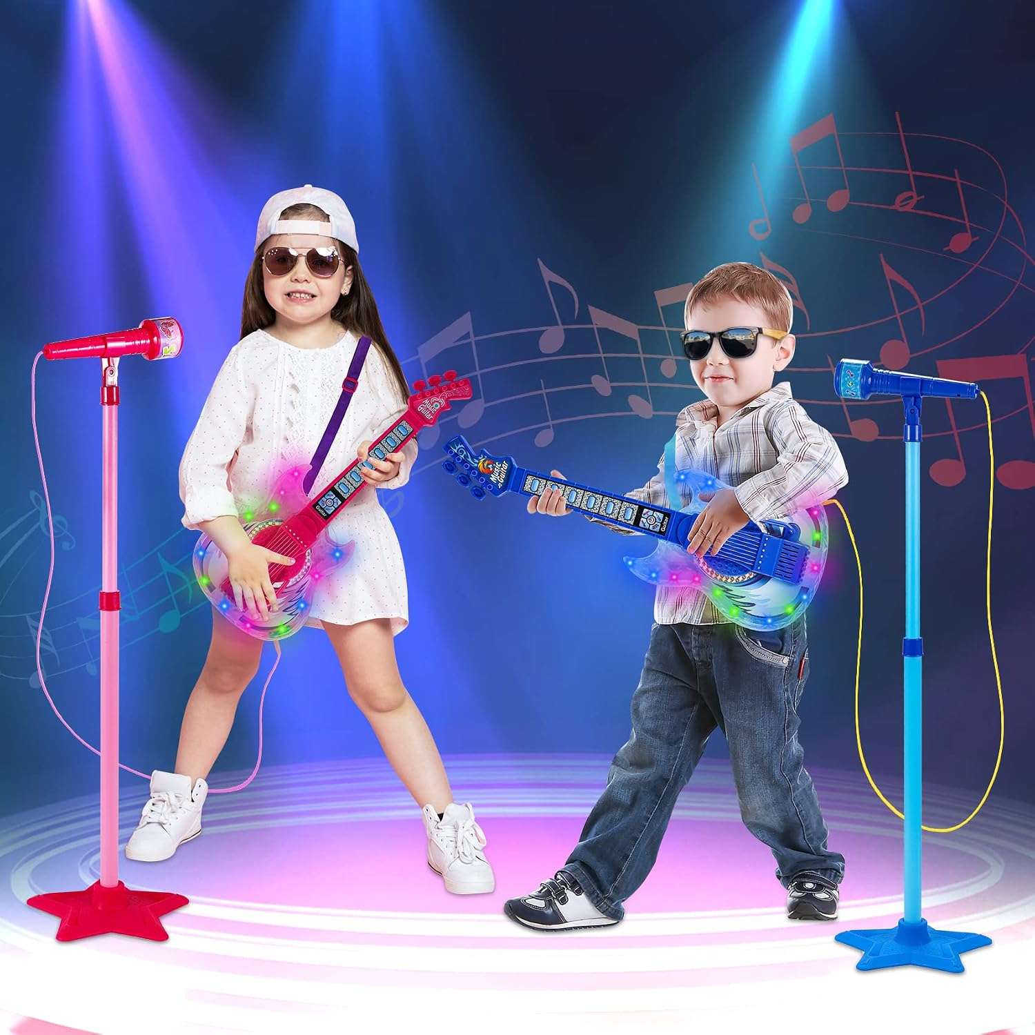 guitarra eléctrica de juguete con micrófono, soporte ajustable y luces para niños