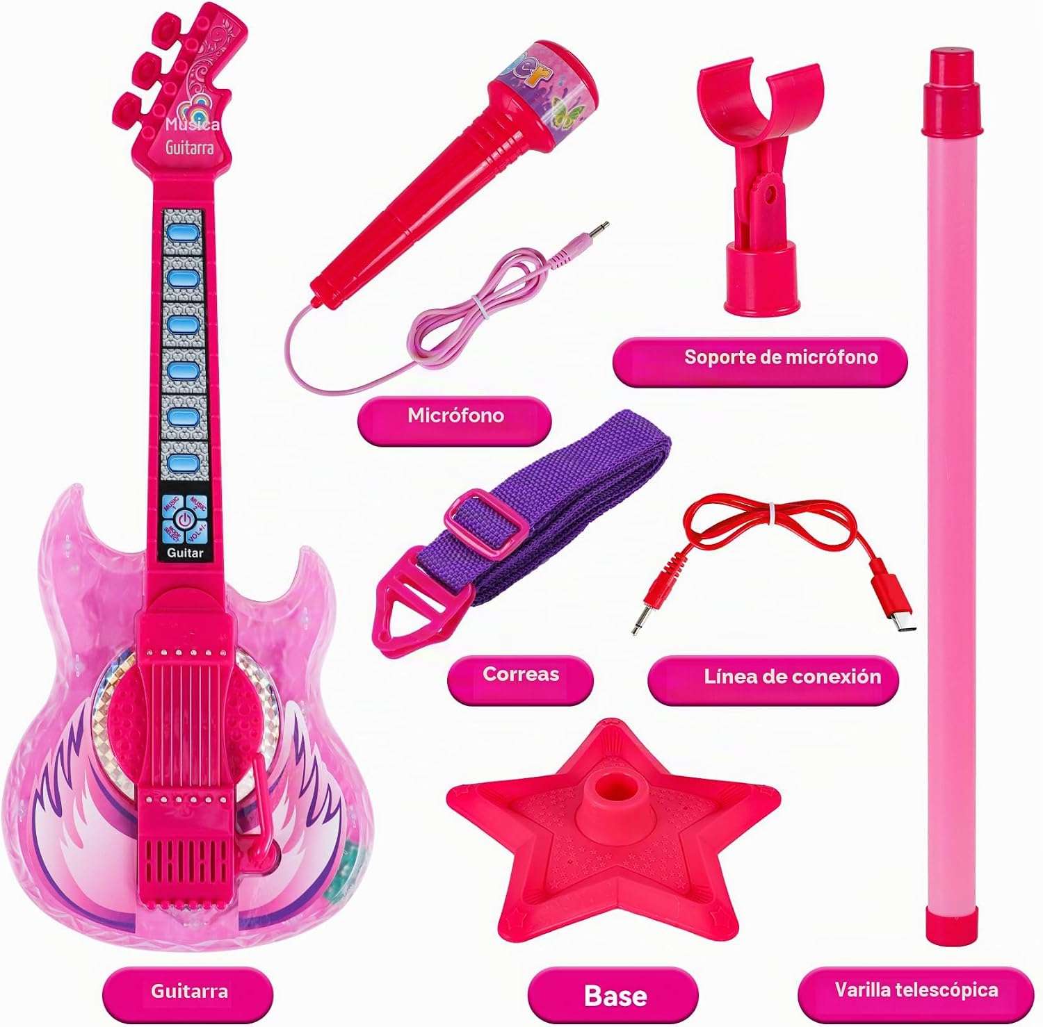 guitarra eléctrica de juguete con micrófono, soporte ajustable y luces para niños