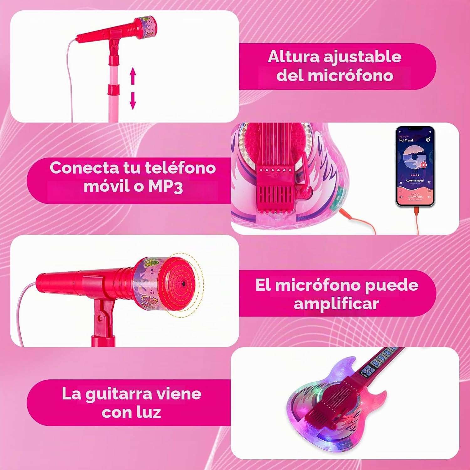 guitarra eléctrica de juguete con micrófono, soporte ajustable y luces para niños