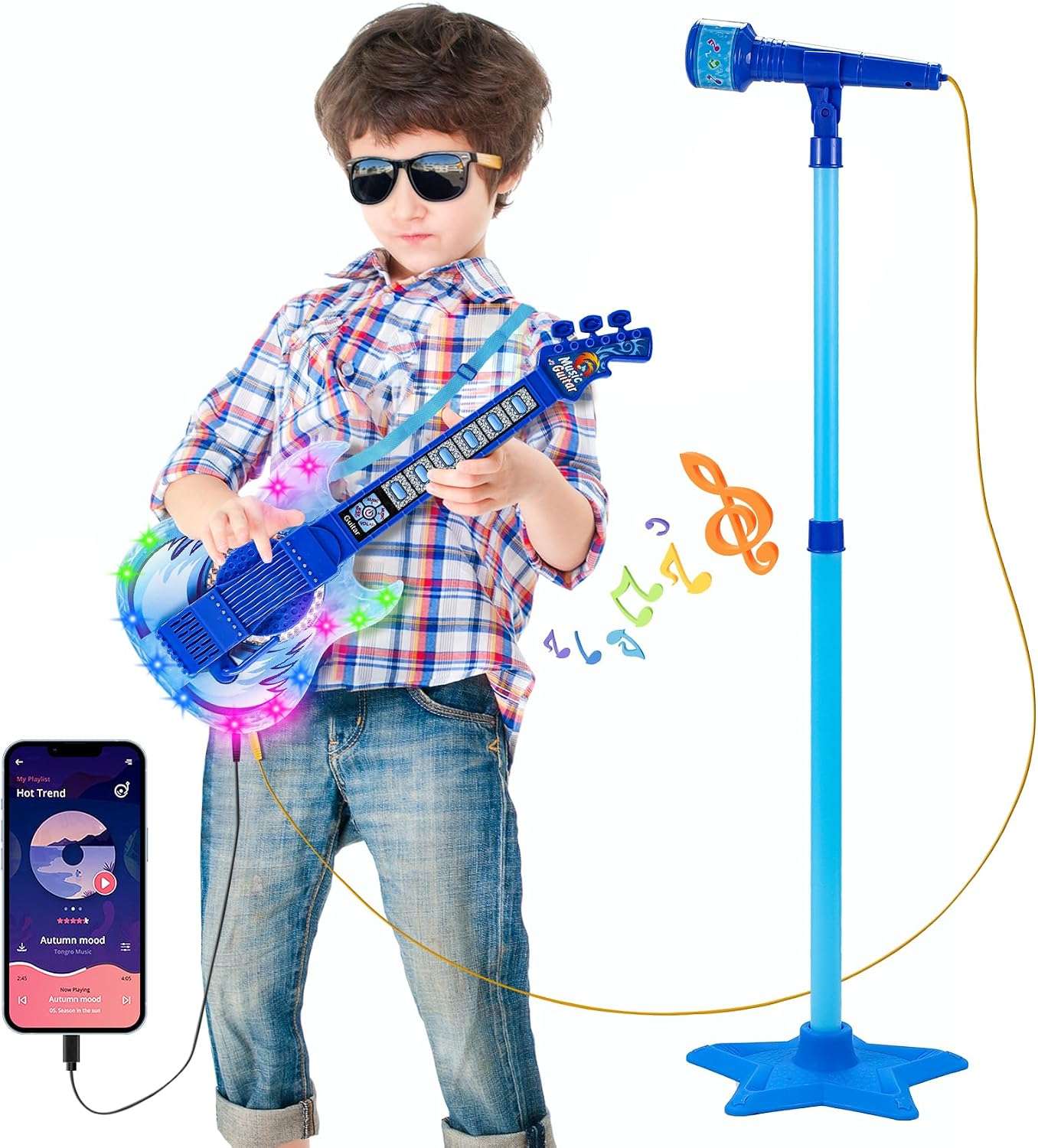 guitarra eléctrica de juguete con micrófono, soporte ajustable y luces para niños