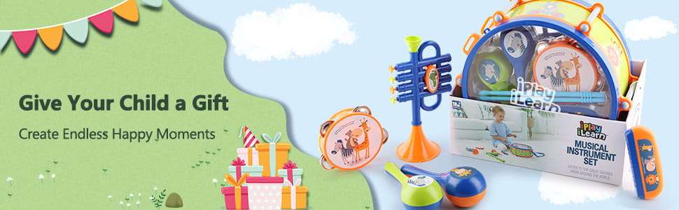 set de instrumentos musicales y batería de juguete con maracas, flauta y pandereta para niños