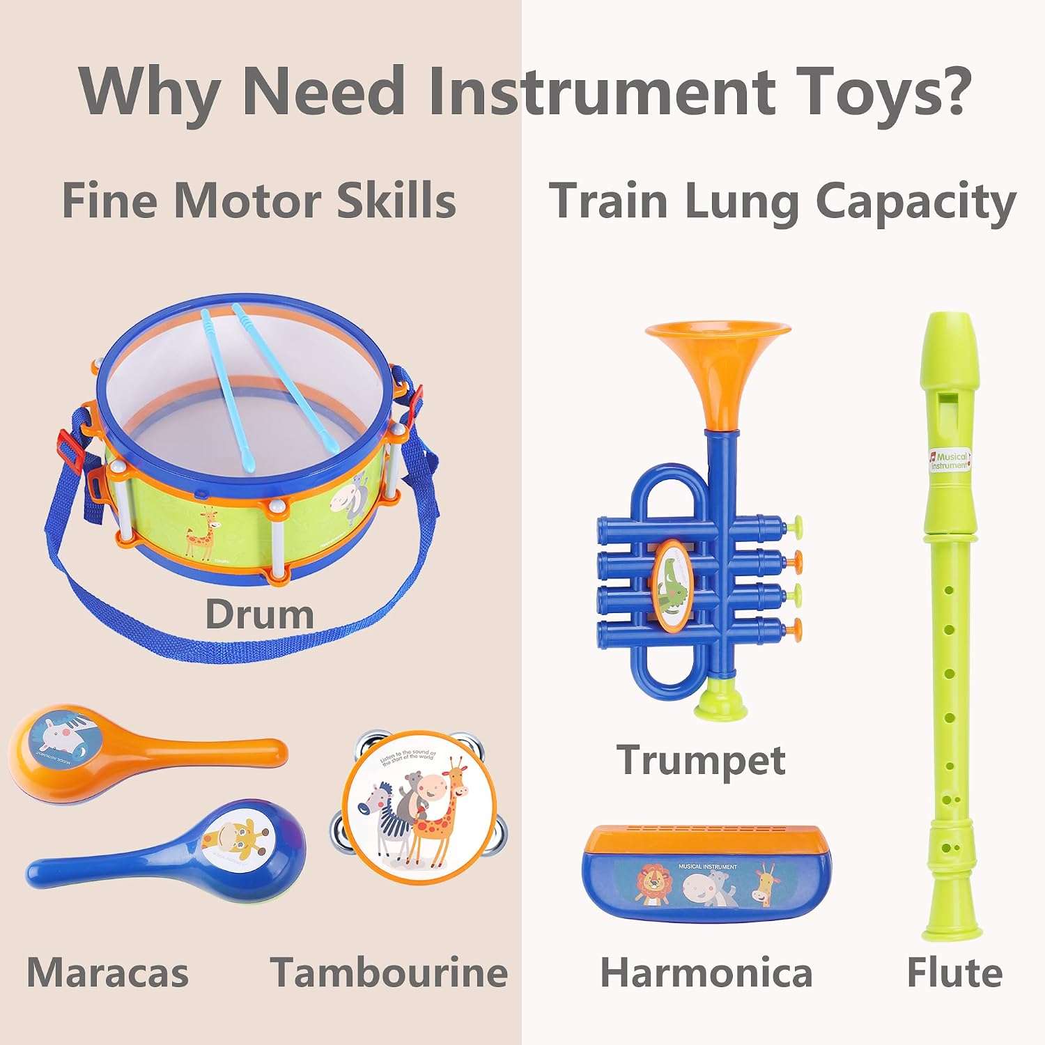 set de instrumentos musicales y batería de juguete con maracas, flauta y pandereta para niños