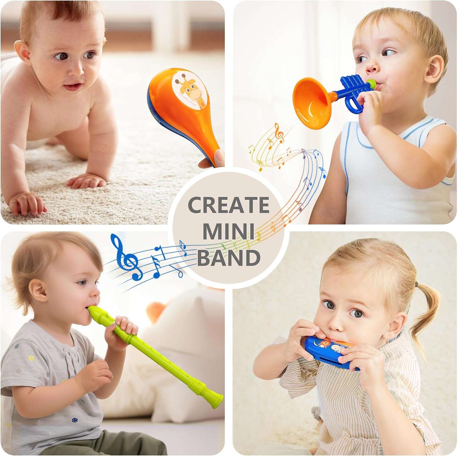 set de instrumentos musicales y batería de juguete con maracas, flauta y pandereta para niños