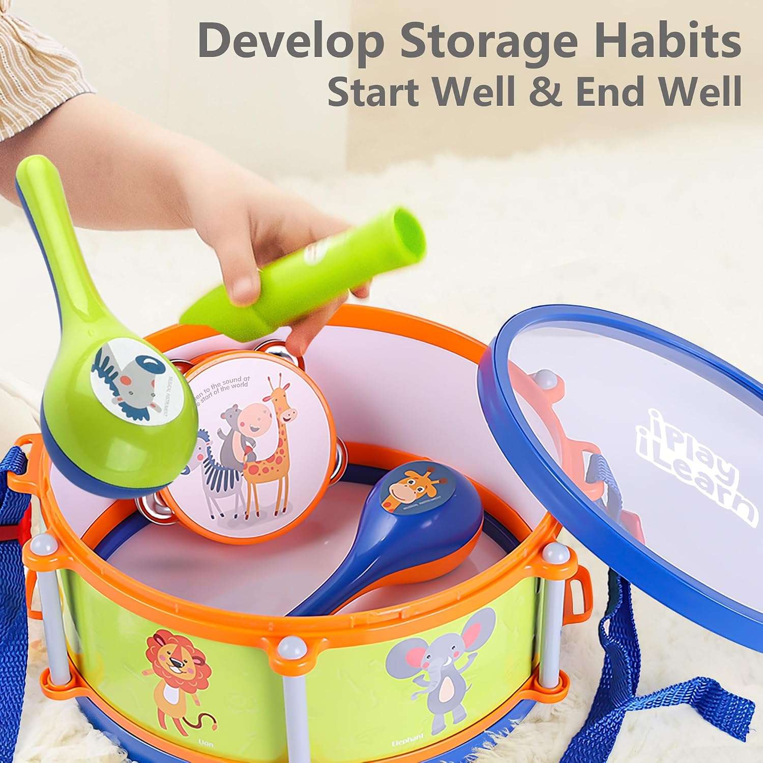 set de instrumentos musicales y batería de juguete con maracas, flauta y pandereta para niños