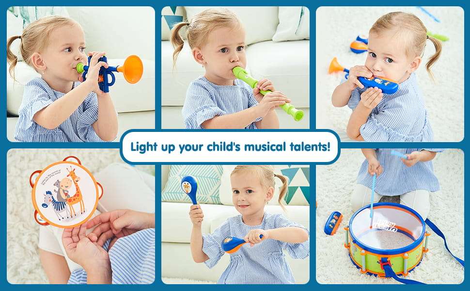 set de instrumentos musicales y batería de juguete con maracas, flauta y pandereta para niños