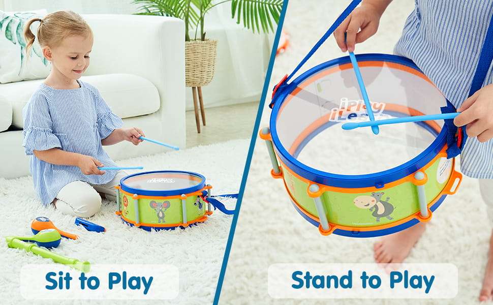 set de instrumentos musicales y batería de juguete con maracas, flauta y pandereta para niños
