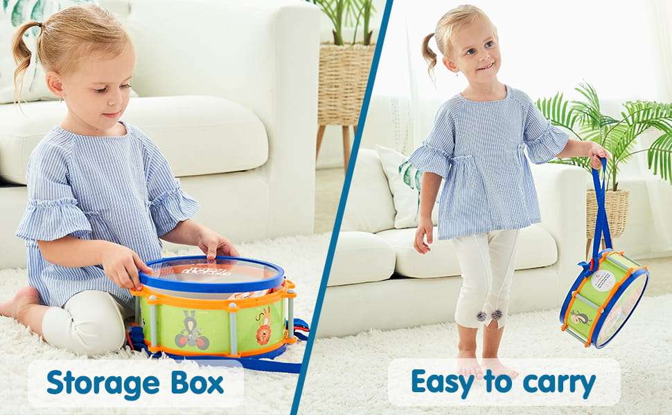 set de instrumentos musicales y batería de juguete con maracas, flauta y pandereta para niños