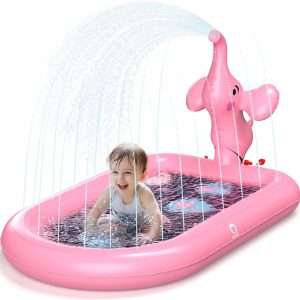 piscina inflable con aspersor y tapete de agua con diseño de elefante rosa para niños pequeños