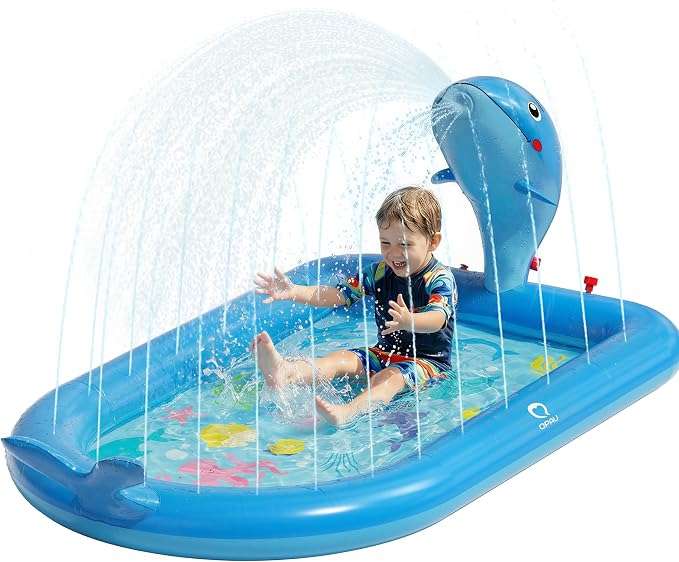 piscina inflable con aspersor y tapete de agua con diseño de elefante rosa para niños pequeños