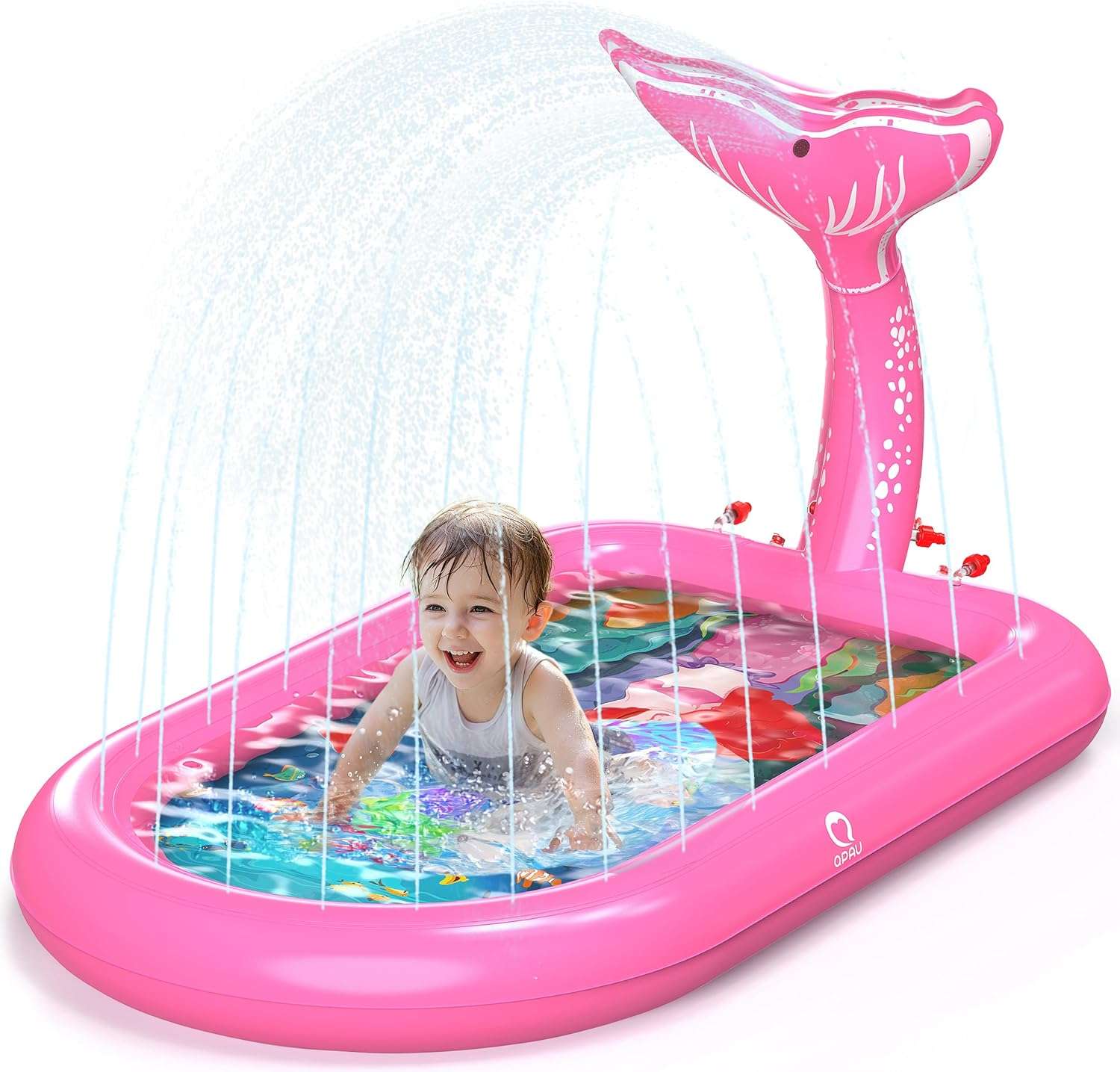piscina inflable con aspersor y tapete de agua con diseño de elefante rosa para niños pequeños