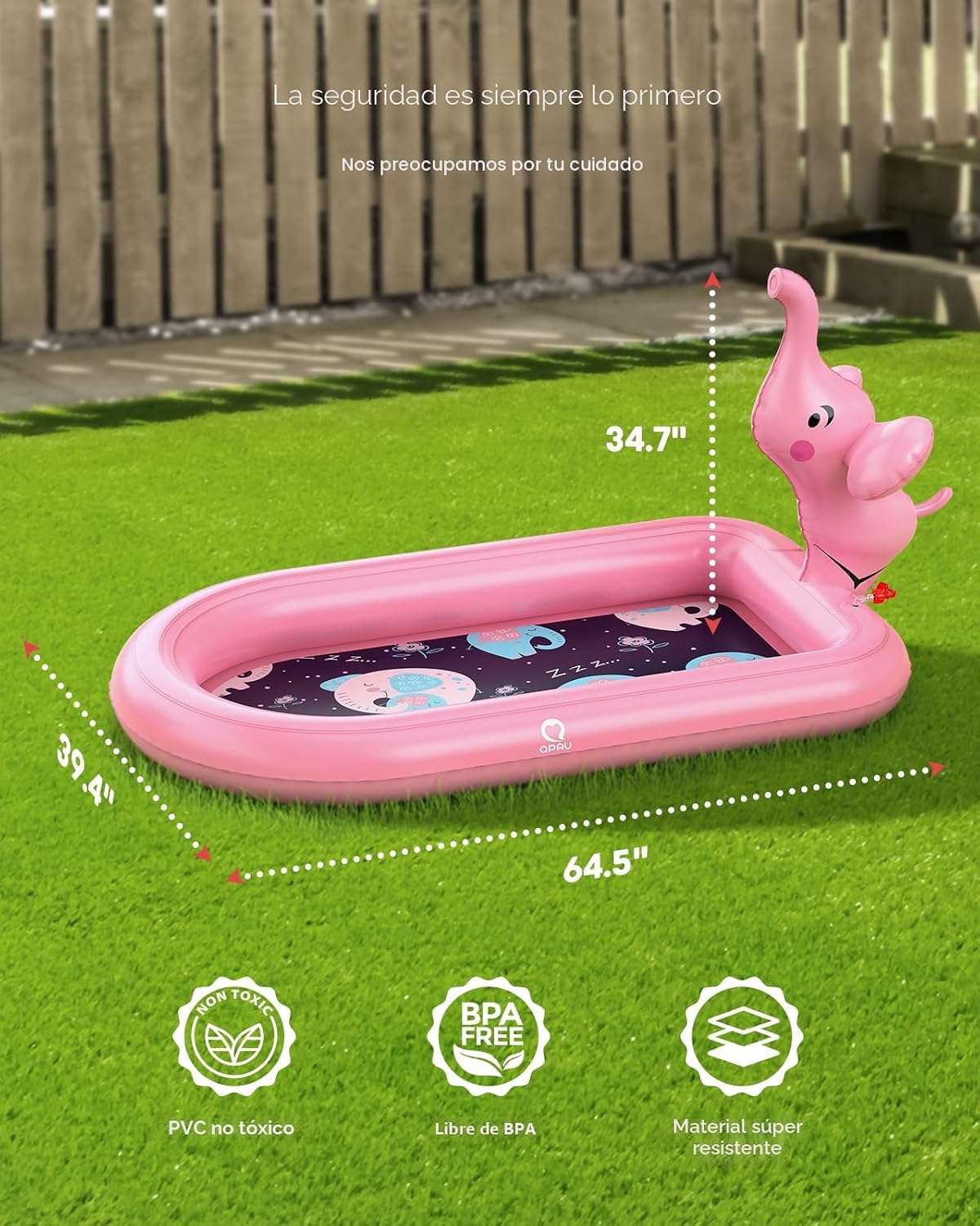 piscina inflable con aspersor y tapete de agua con diseño de elefante rosa para niños pequeños