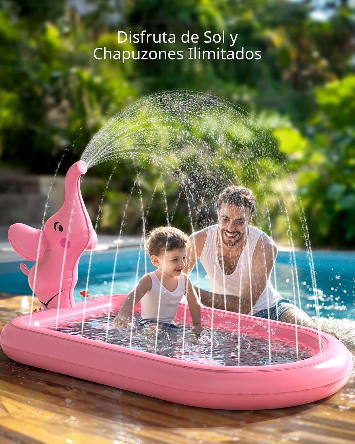 piscina inflable con aspersor y tapete de agua con diseño de elefante rosa para niños pequeños
