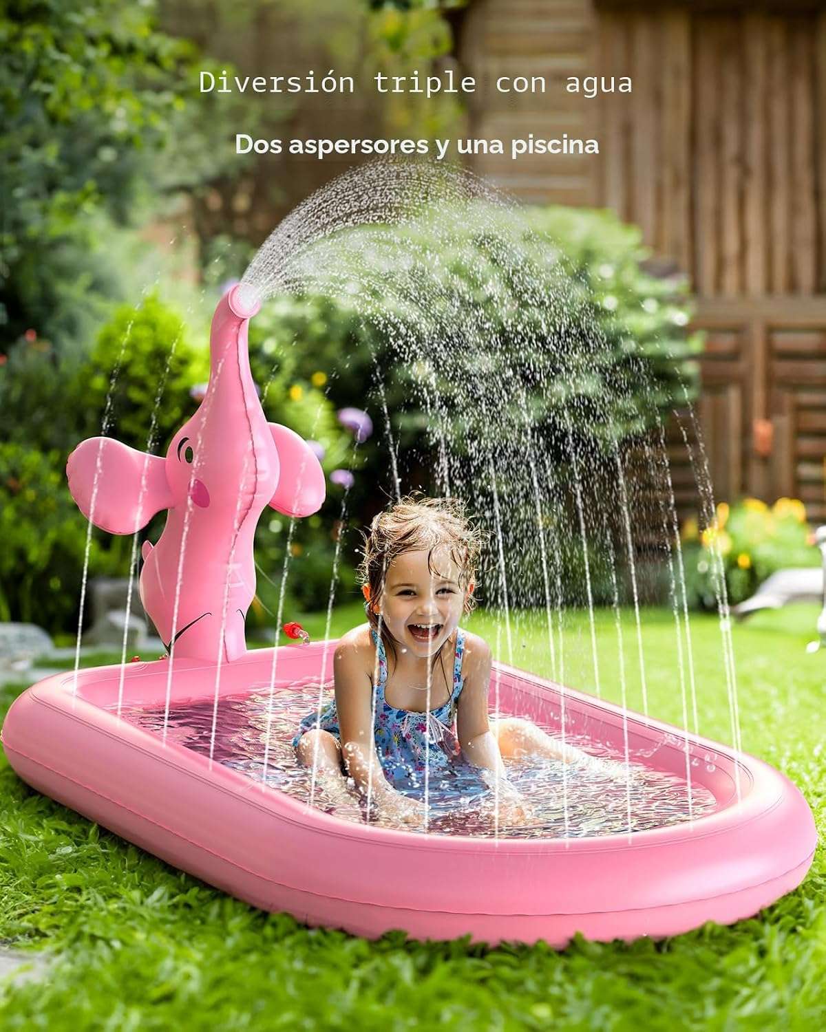 piscina inflable con aspersor y tapete de agua con diseño de elefante rosa para niños pequeños