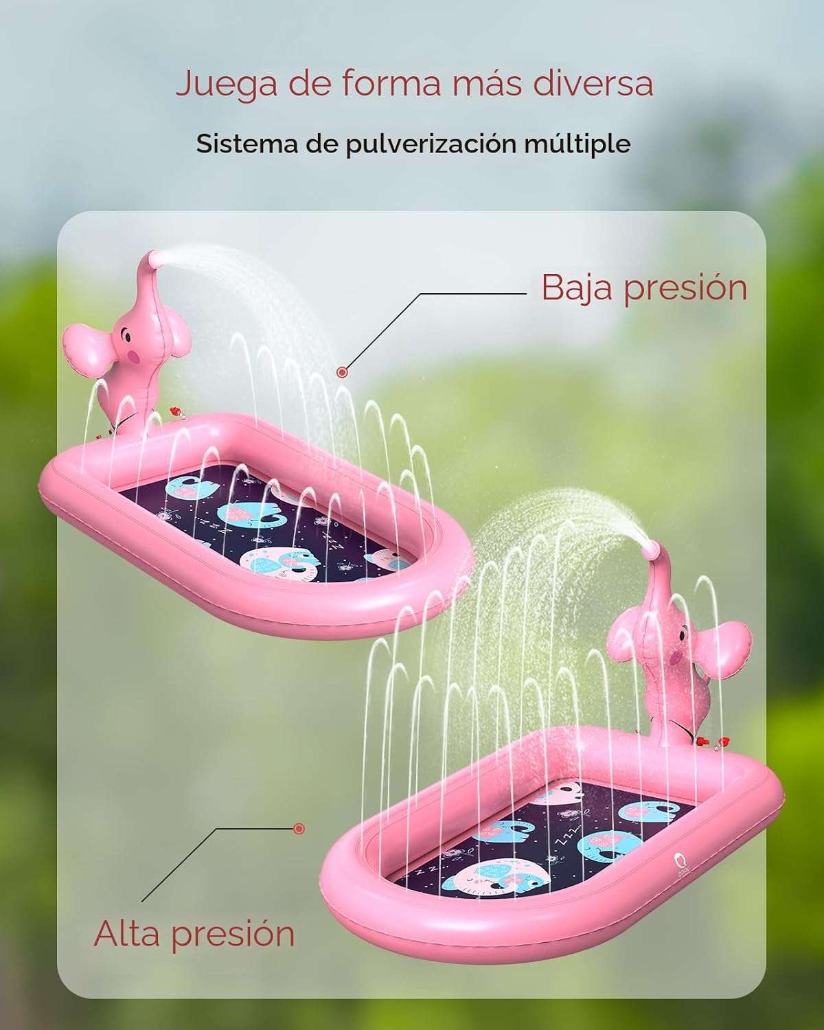 piscina inflable con aspersor y tapete de agua con diseño de elefante rosa para niños pequeños