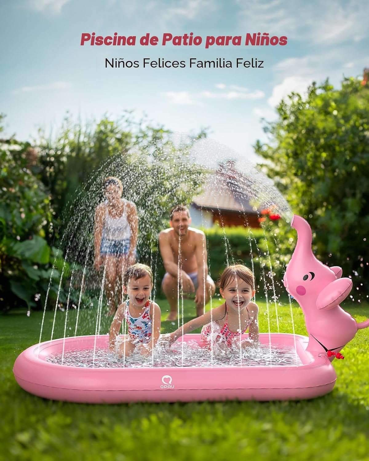 piscina inflable con aspersor y tapete de agua con diseño de elefante rosa para niños pequeños