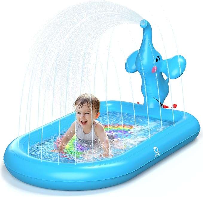 piscina inflable con aspersor y tapete de agua con diseño de elefante rosa para niños pequeños