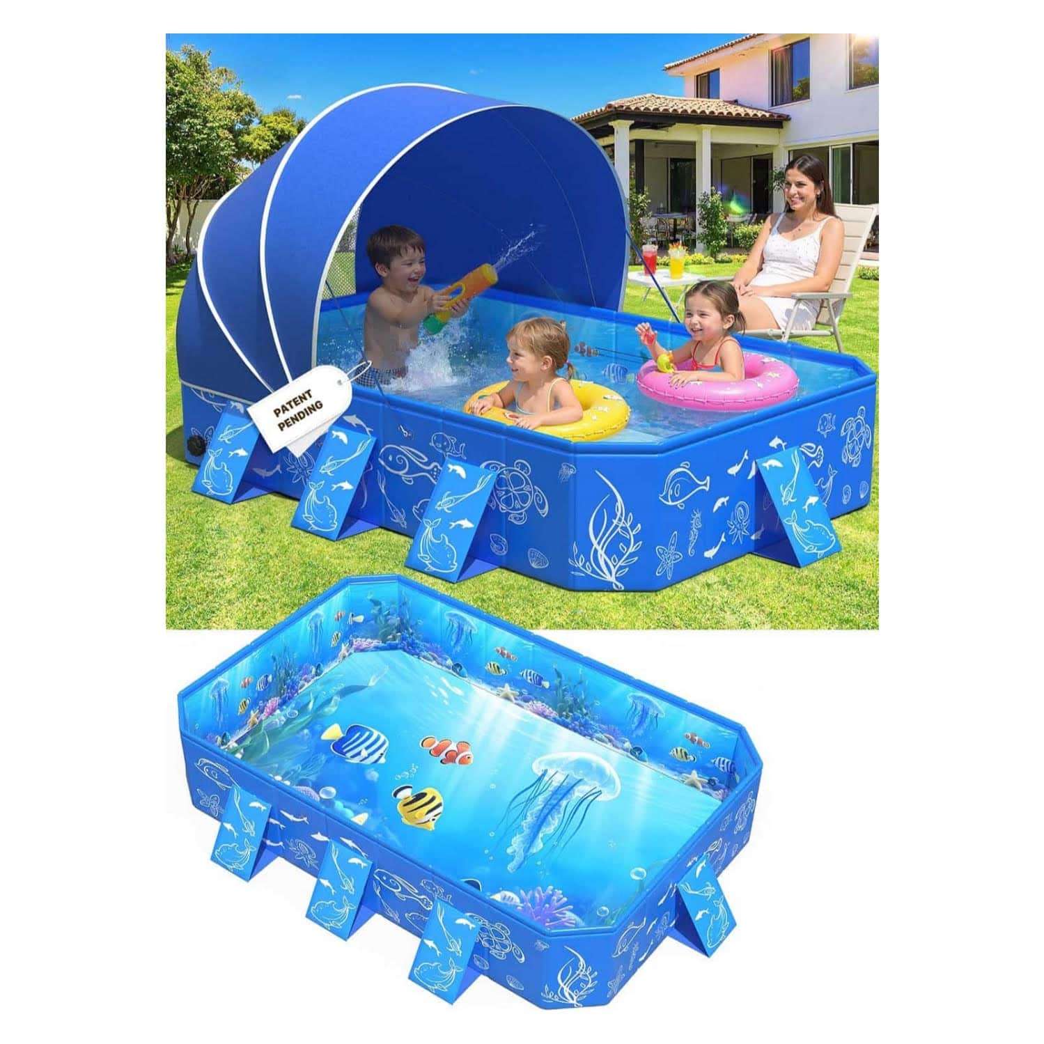 piscina infantil plegable con toldo desmontable y protección solar para niños en el patio
