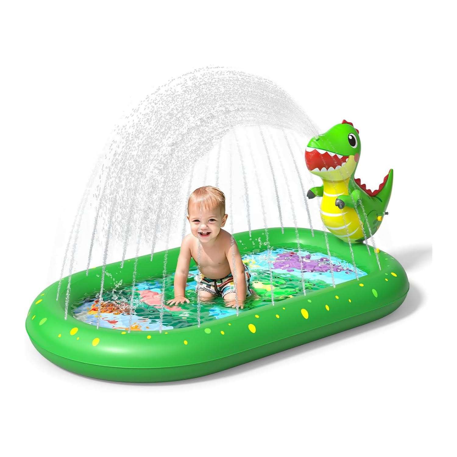 tapete de salpicaduras y piscina infantil con aspersor y diseño de dinosaurio para niños