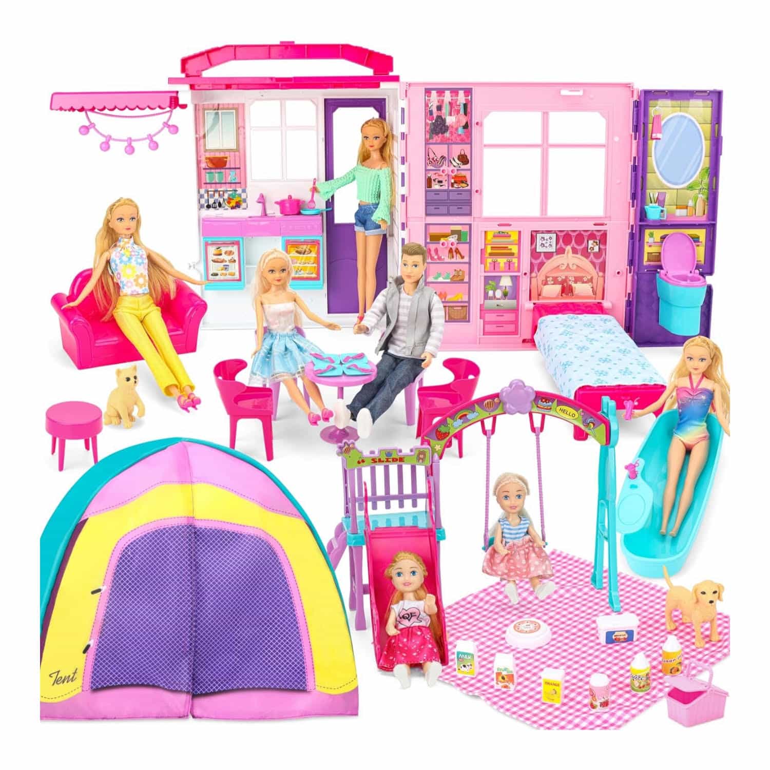 casa de muñecas portátil y plegable con estuche, muebles, accesorios y 2 muñecas