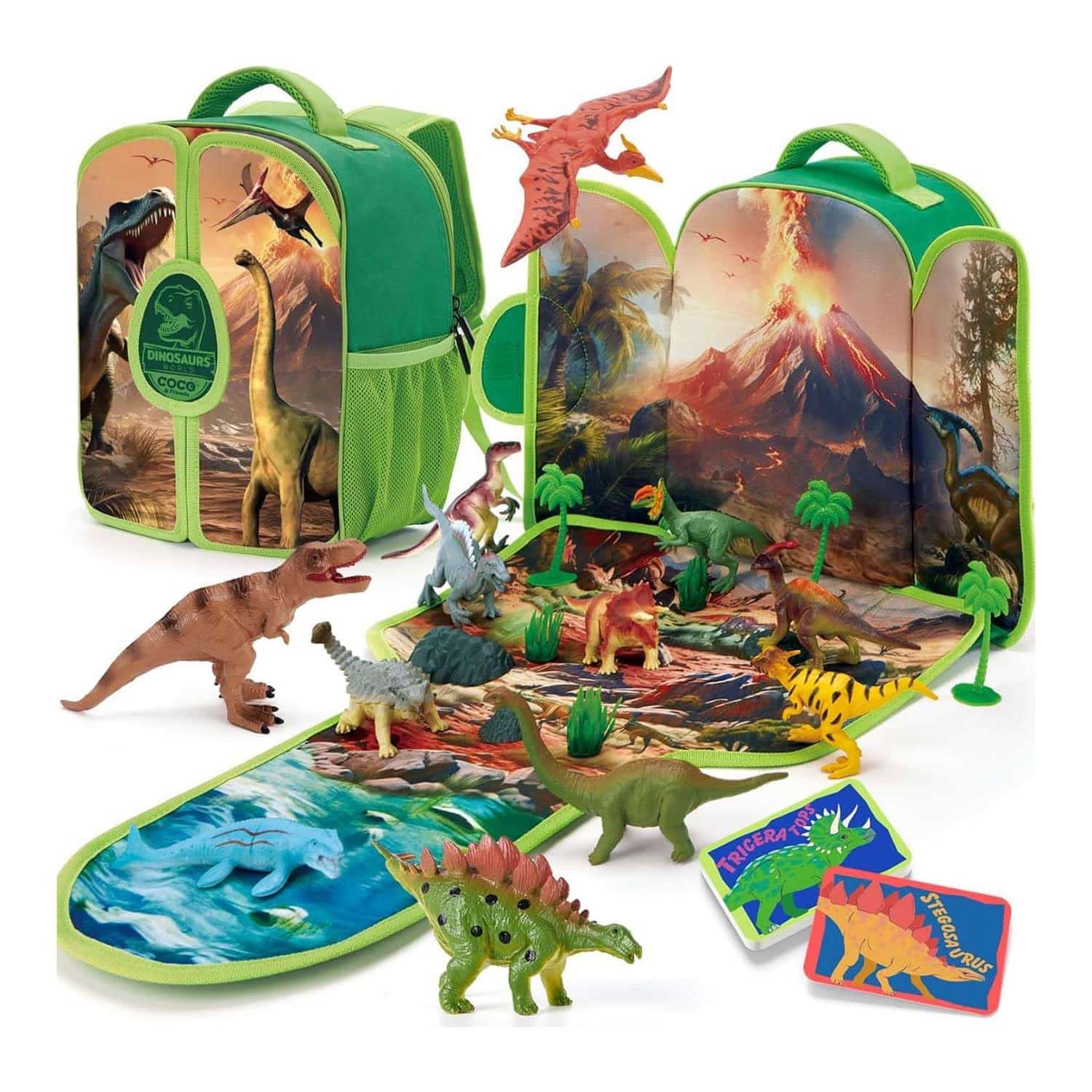 mochila de dinosaurios de juguete con tapete 3D y figuras para niños