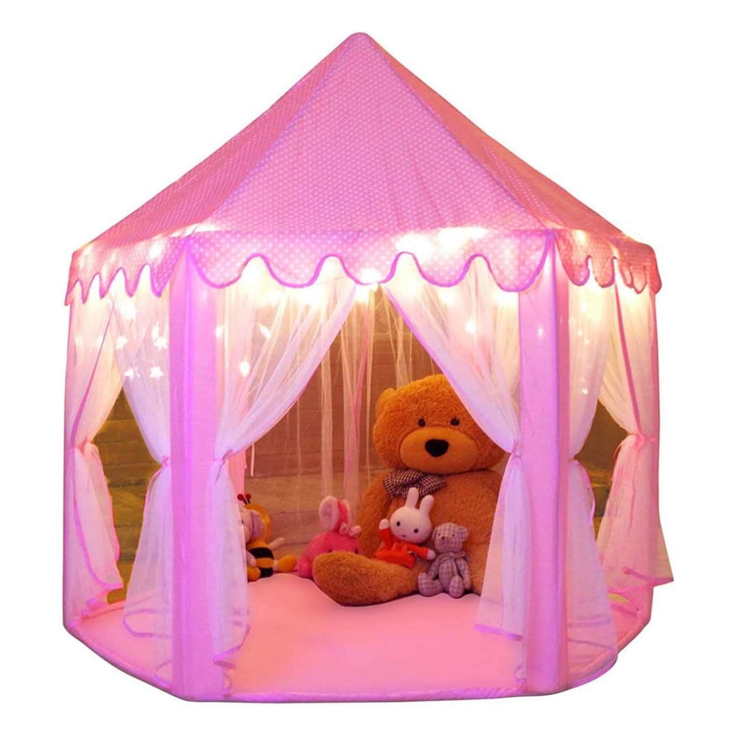 castillo de princesa tienda de campaña rosa con luces de estrella para niñas