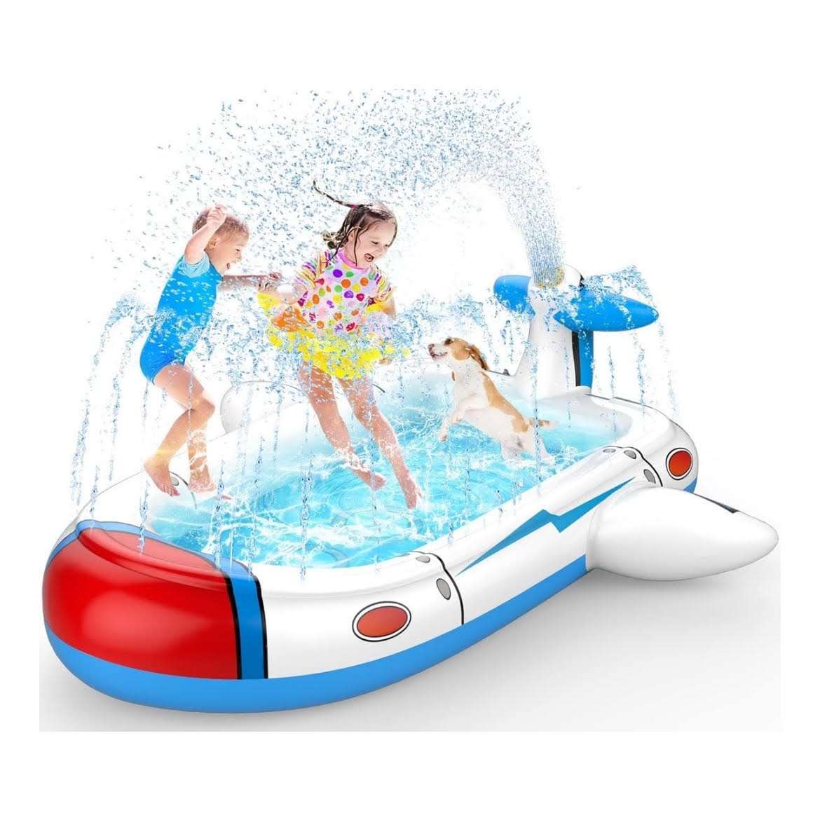 piscina inflable aspersor con diseño de avión y alfombrilla de agua para niños