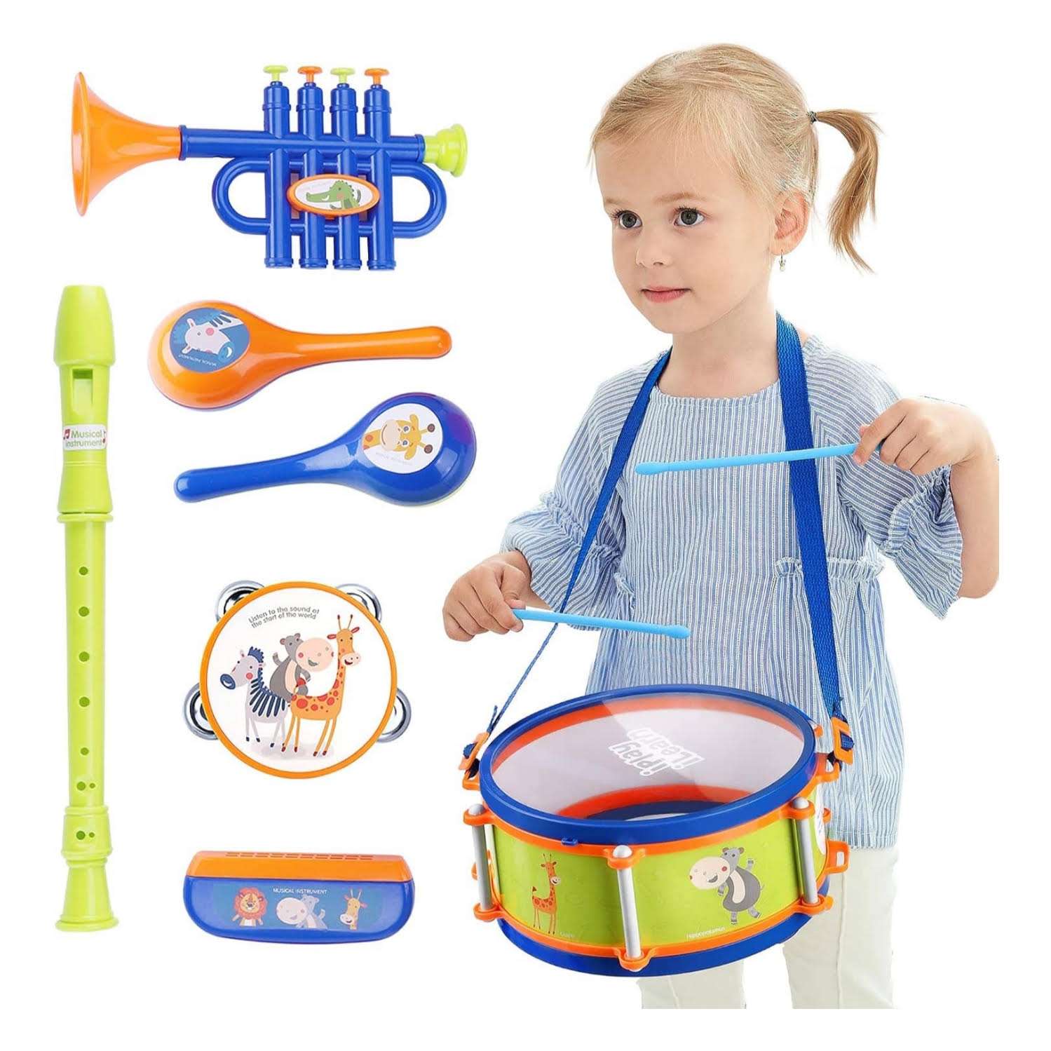set de instrumentos musicales y batería de juguete con maracas, flauta y pandereta para niños