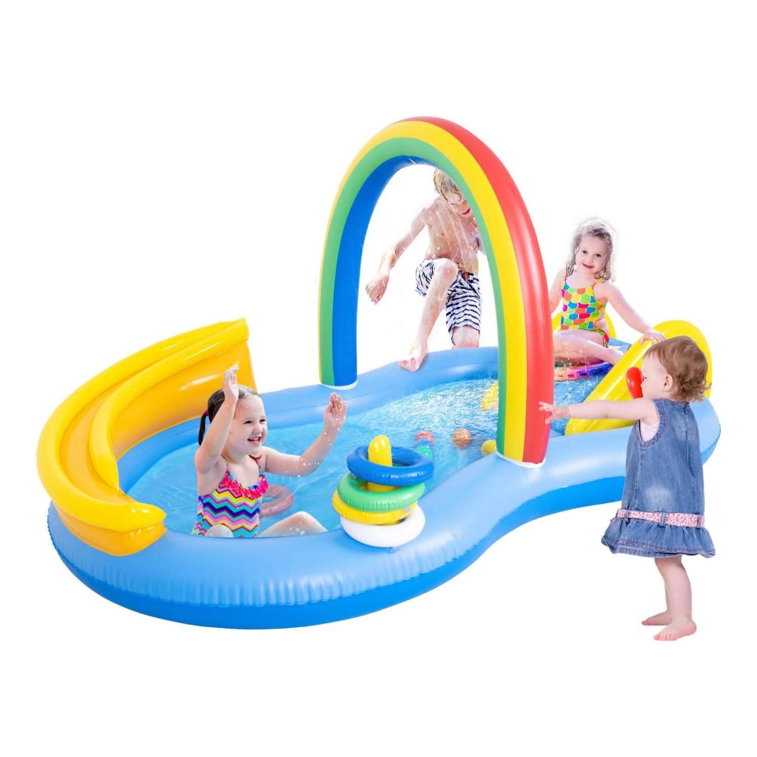 centro de juegos inflable con tobogán, arcoíris con aspersor y piscina para niños