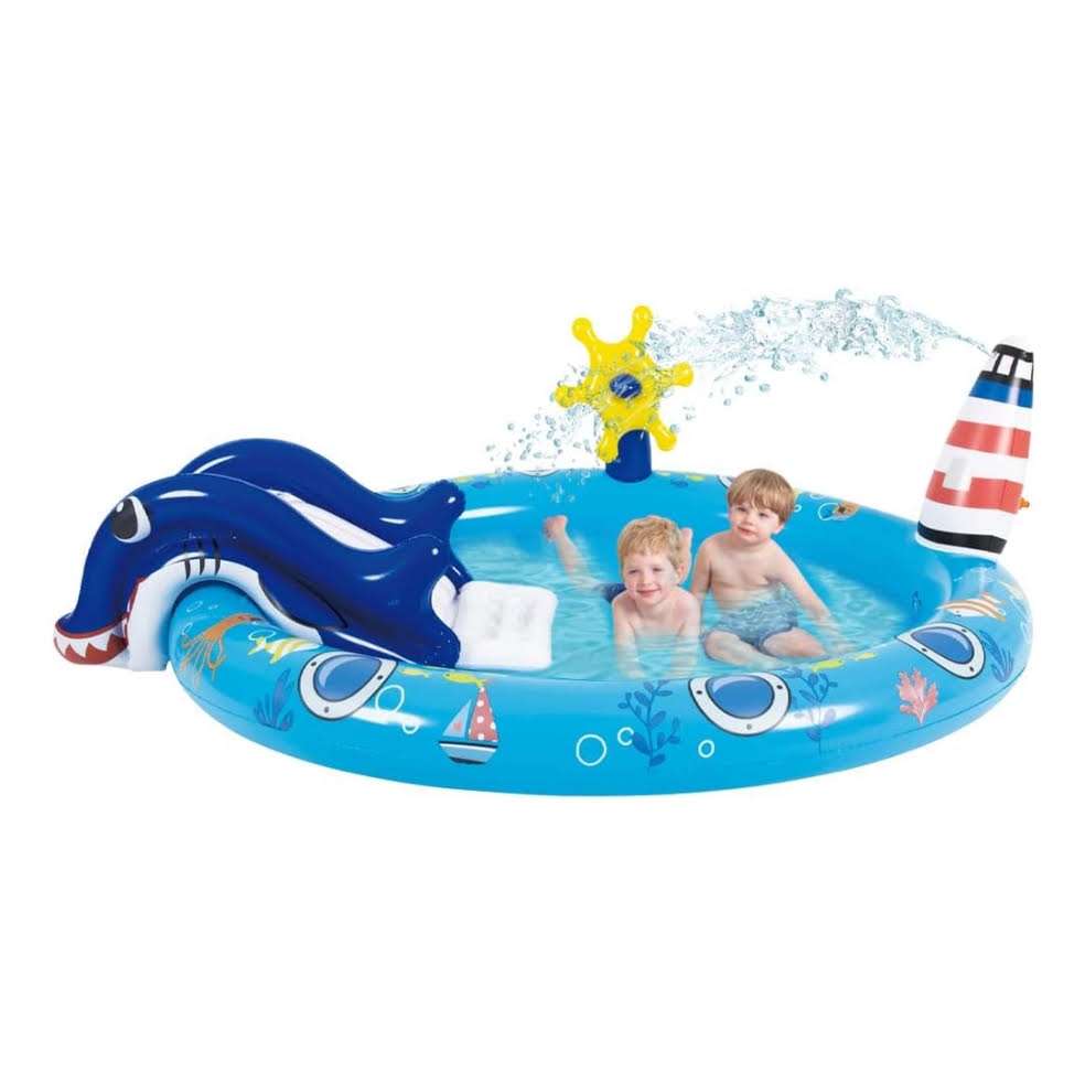 centro de juegos inflable de vida marina con tobogán y rociador para niños
