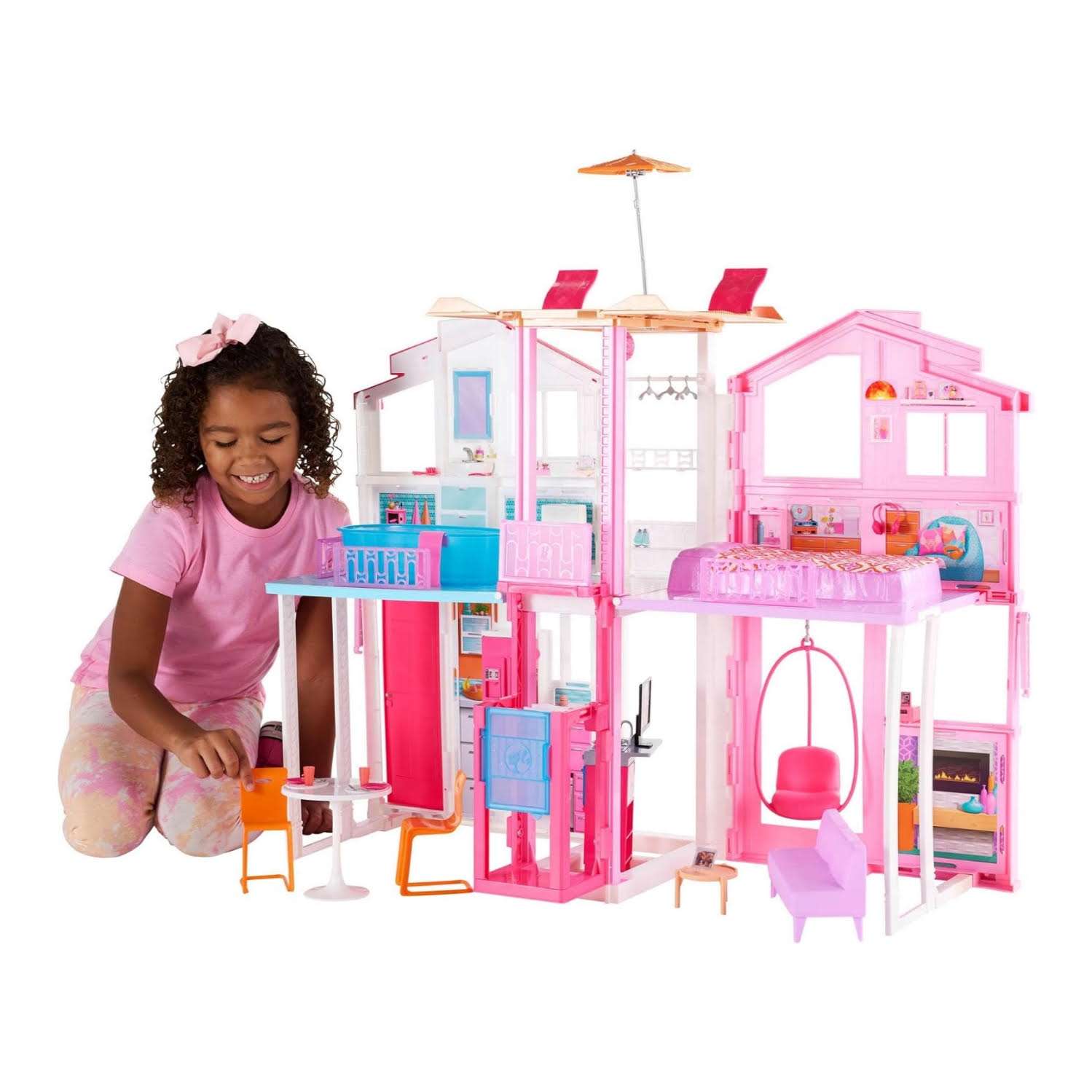 casa de barbie de 3 pisos plegable con ascensor, muebles y terraza