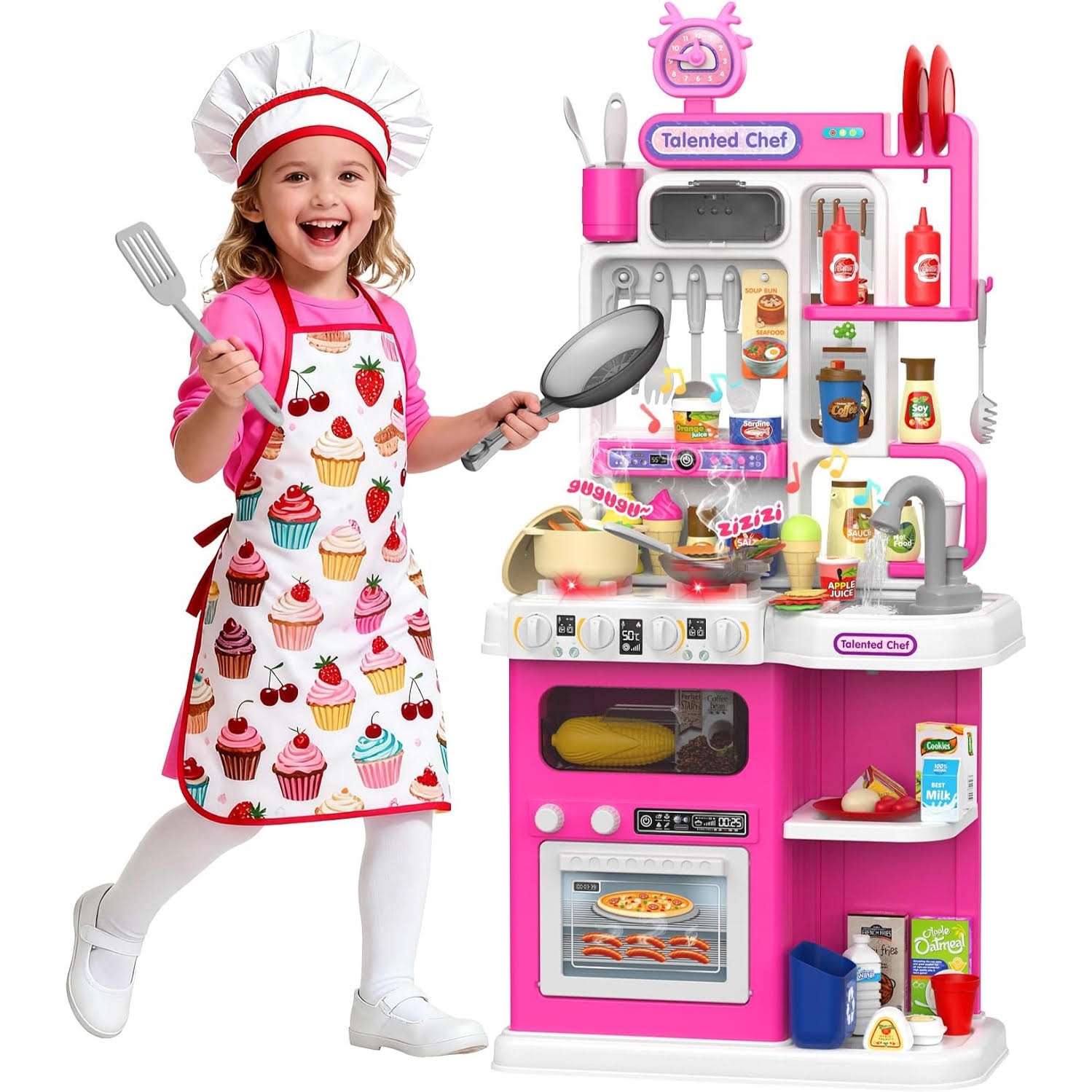 cocina de juguete rosa con vapor real, luces, sonidos y fregadero de agua