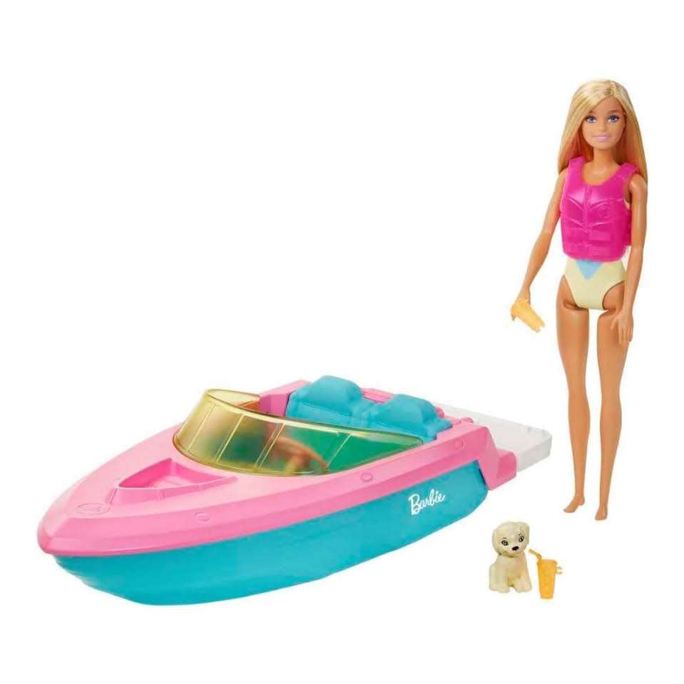 barco de barbie que flota en el agua con muñeca, cachorro y accesorios