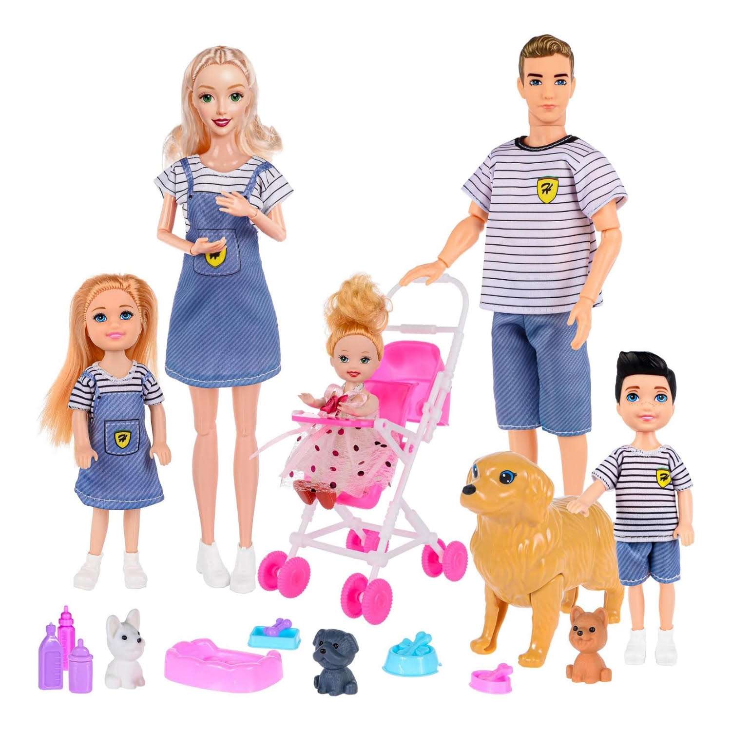 set de familia de muñecas con mamá embarazada, carriola, niños y mascotas