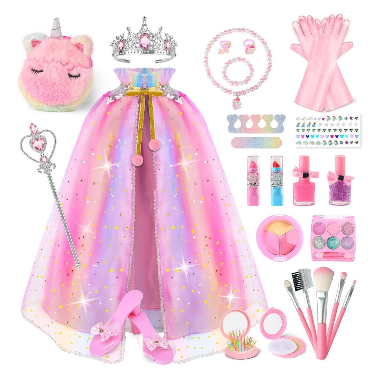disfraz de princesa con capa brillante, accesorios, zapatos y kit de maquillaje para niñas