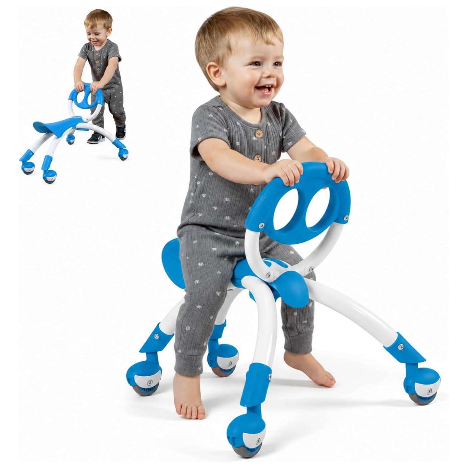 andador y correpasillos YBike Pewi azul con ruedas giratorias para bebés