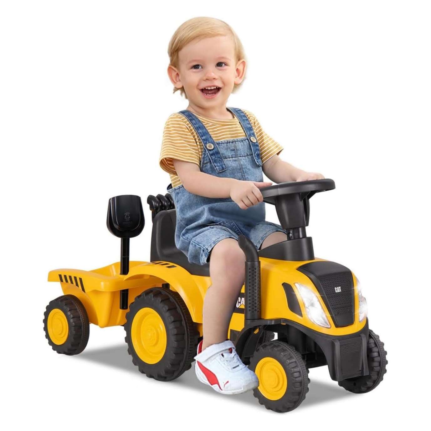 tractor de juguete Caterpillar con remolque desmontable, pala y luces para niños